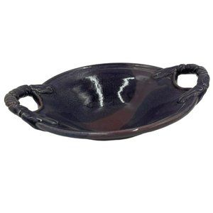 Vintage Artisan Pottery Purple Bowl w Twisted Handles Signed Camila 8" Diameter